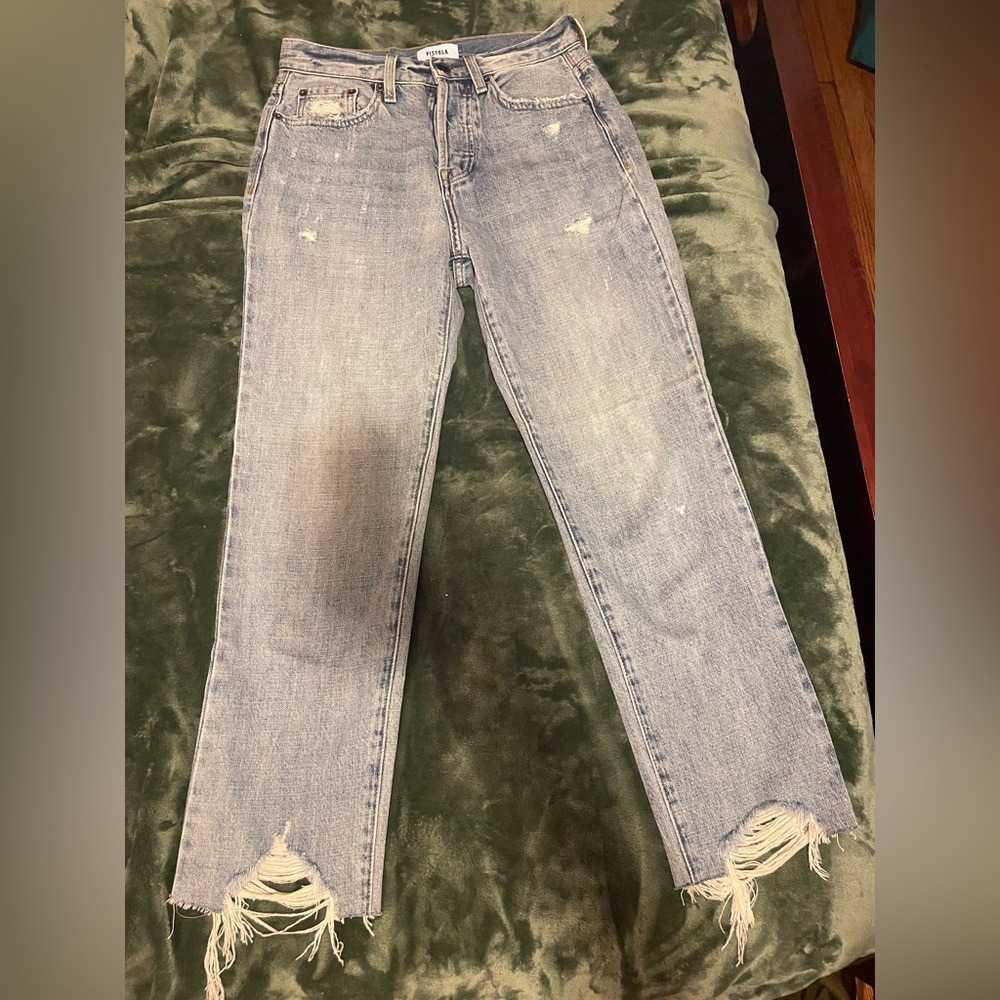 Pistola Blue Straight Leg Ankle Jeans with Distressed Details